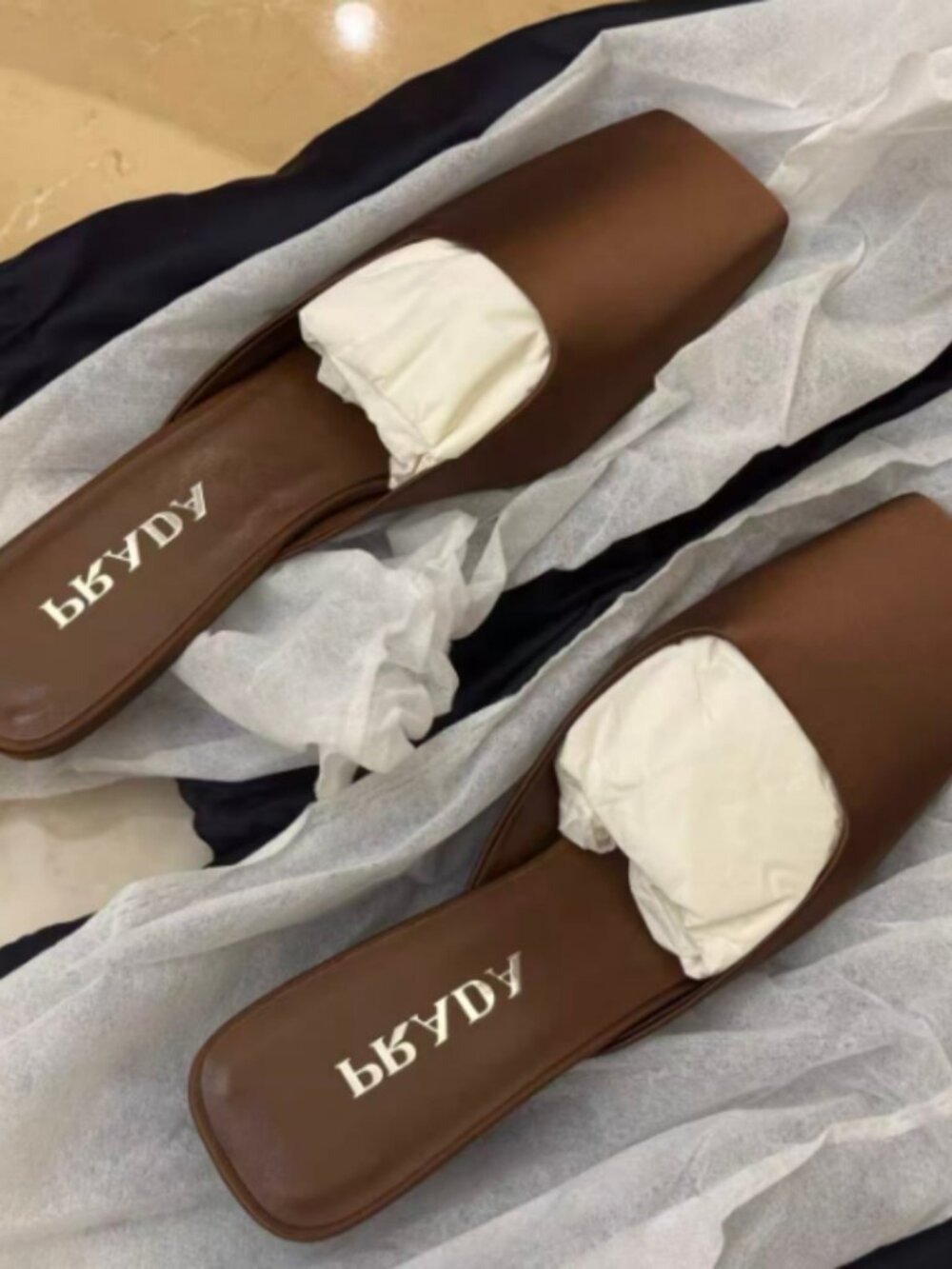 Prada Brown Square Toe Leather Slides